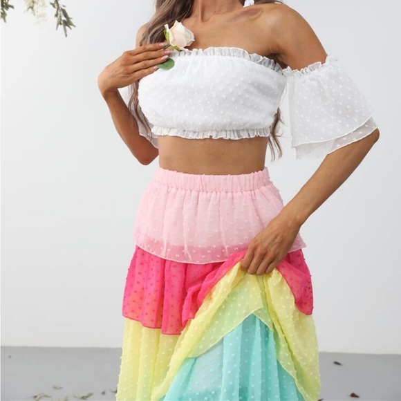 Boho Swiss Dot Off Shoulder Cropped Top Ruffle Frill Color Block Maxi Skirt Set - Picture 6 of 6